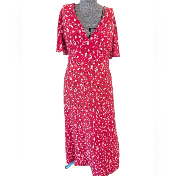A New Day Red Floral V-Neck Flutter Sleeve Midi Dress Size 4 NWOT - Picture 1 of 9